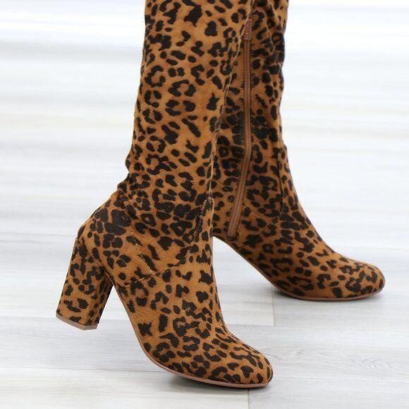 Suede Leopard Thigh High Heeled Boots - Picture 7 of 15